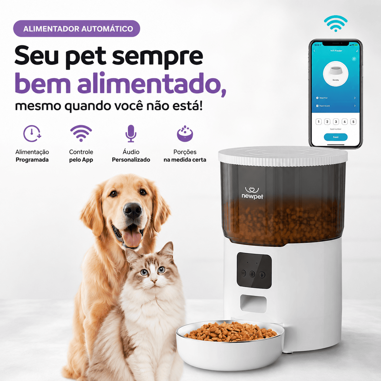 Alimentador Automático para Cães e Gatos com Wi-Fi 4L — Porções Programadas pelo Celular