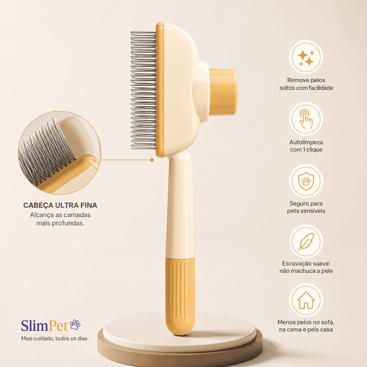 Escova Removedora de Pelos para Cães e Gatos com Autolimpeza — Ideal para Pelos Curtos e Grossos