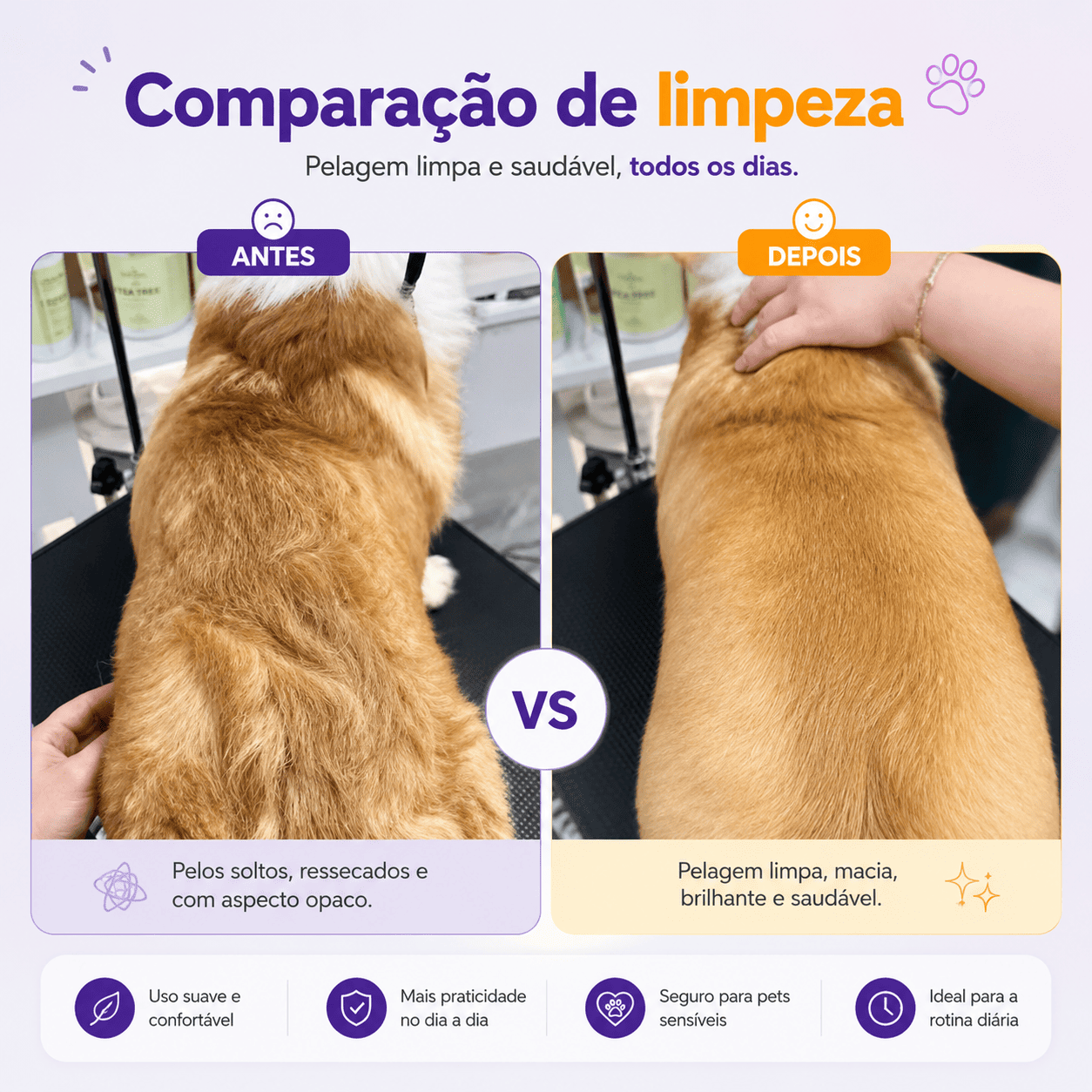 Escova Removedora de Pelos para Cães e Gatos com Autolimpeza — Ideal para Pelos Curtos e Grossos