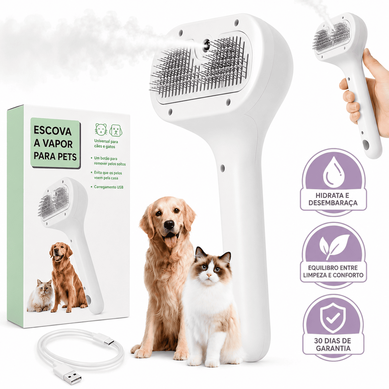 PetVap™ – Escova que Remove Pelos e Hidrata, Deixando os Pelos Sedosos e Brilhante