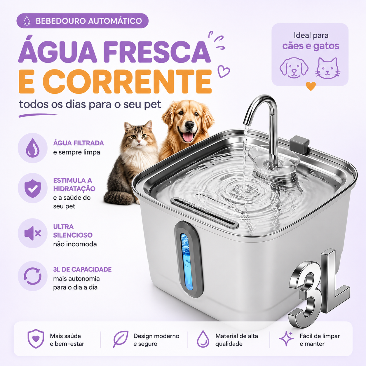 Fonte de Água Bebedouro em Aço Inox para Cães e Gatos — Filtro e Bomba Silenciosa