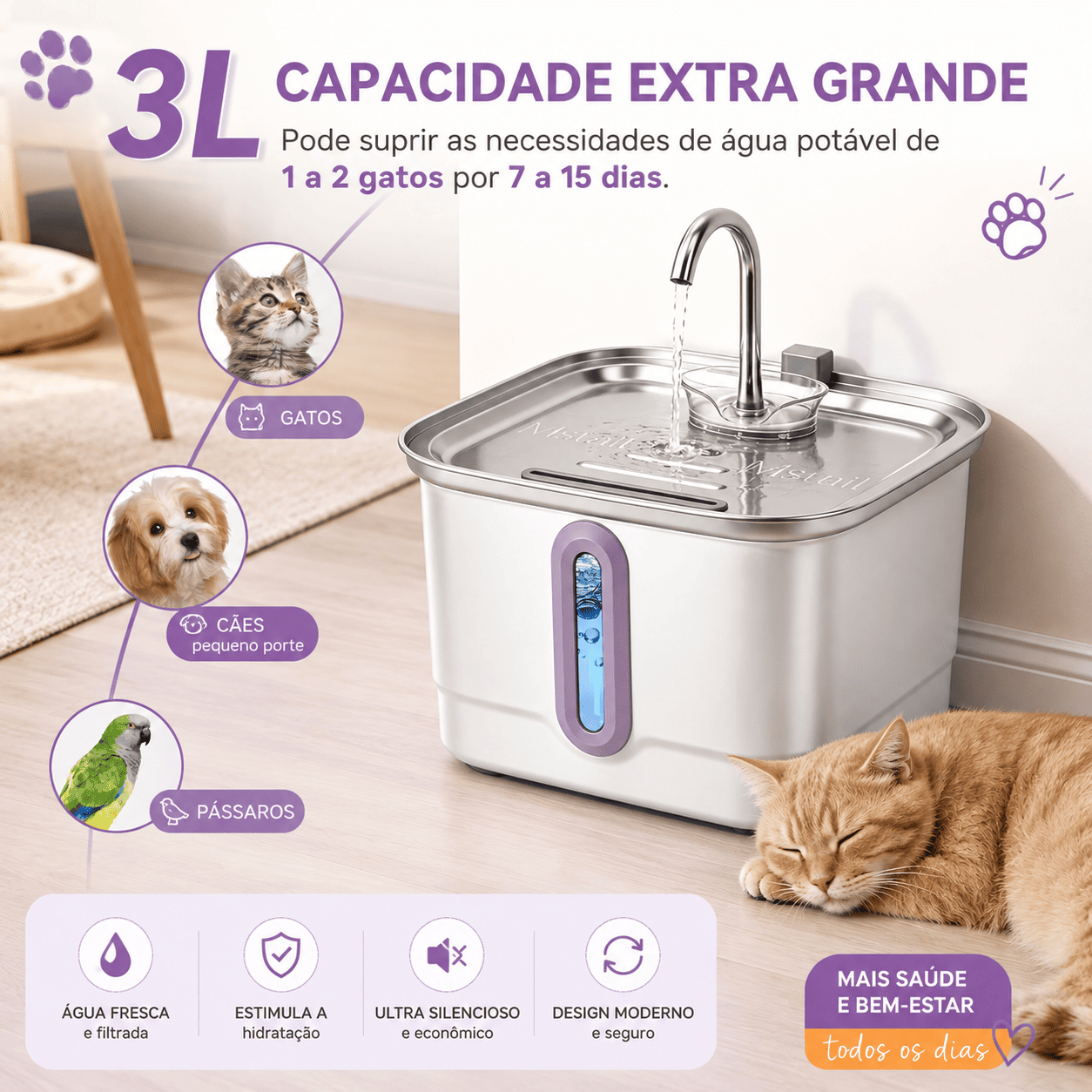 Fonte de Água Bebedouro em Aço Inox para Cães e Gatos — Filtro e Bomba Silenciosa