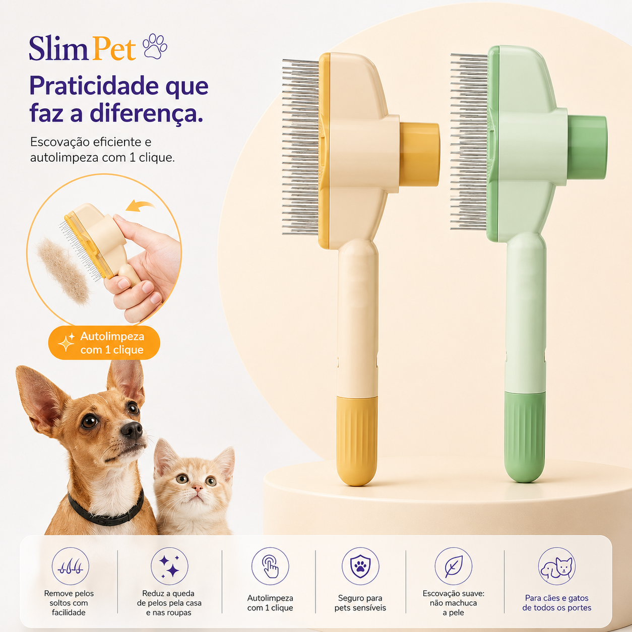 Escova Removedora de Pelos para Cães e Gatos com Autolimpeza — Ideal para Pelos Curtos e Grossos