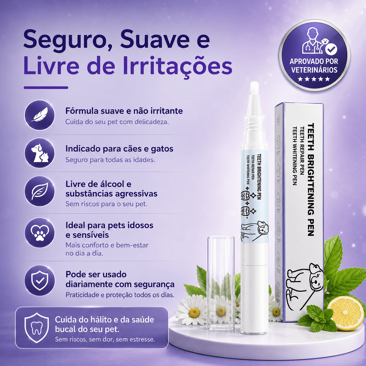 Caneta Dental para Pets Limpa dentes amarelados, previne o tártaro e elimina o mau hálito