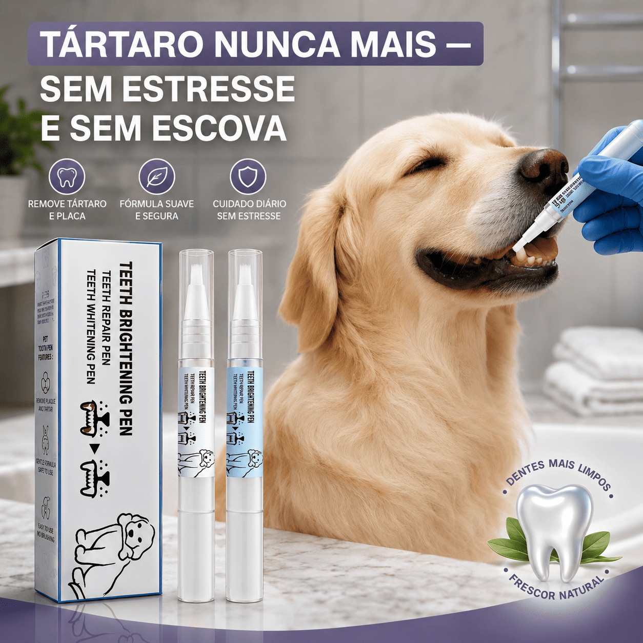 Caneta Dental para Pets Limpa dentes amarelados, previne o tártaro e elimina o mau hálito