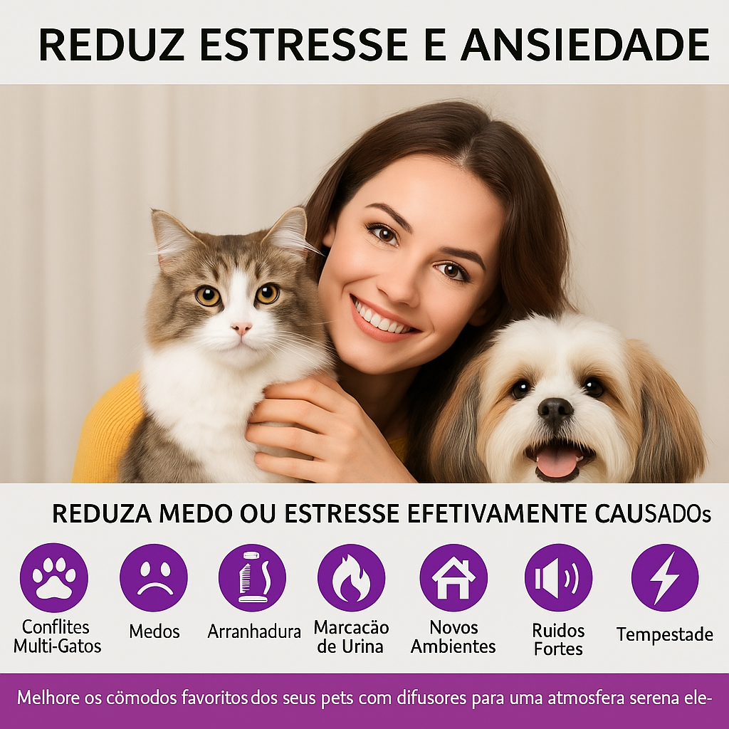Difusor Calmante para Pets – Reduz Ansiedade e Estresse (+1 Refil Grátis)