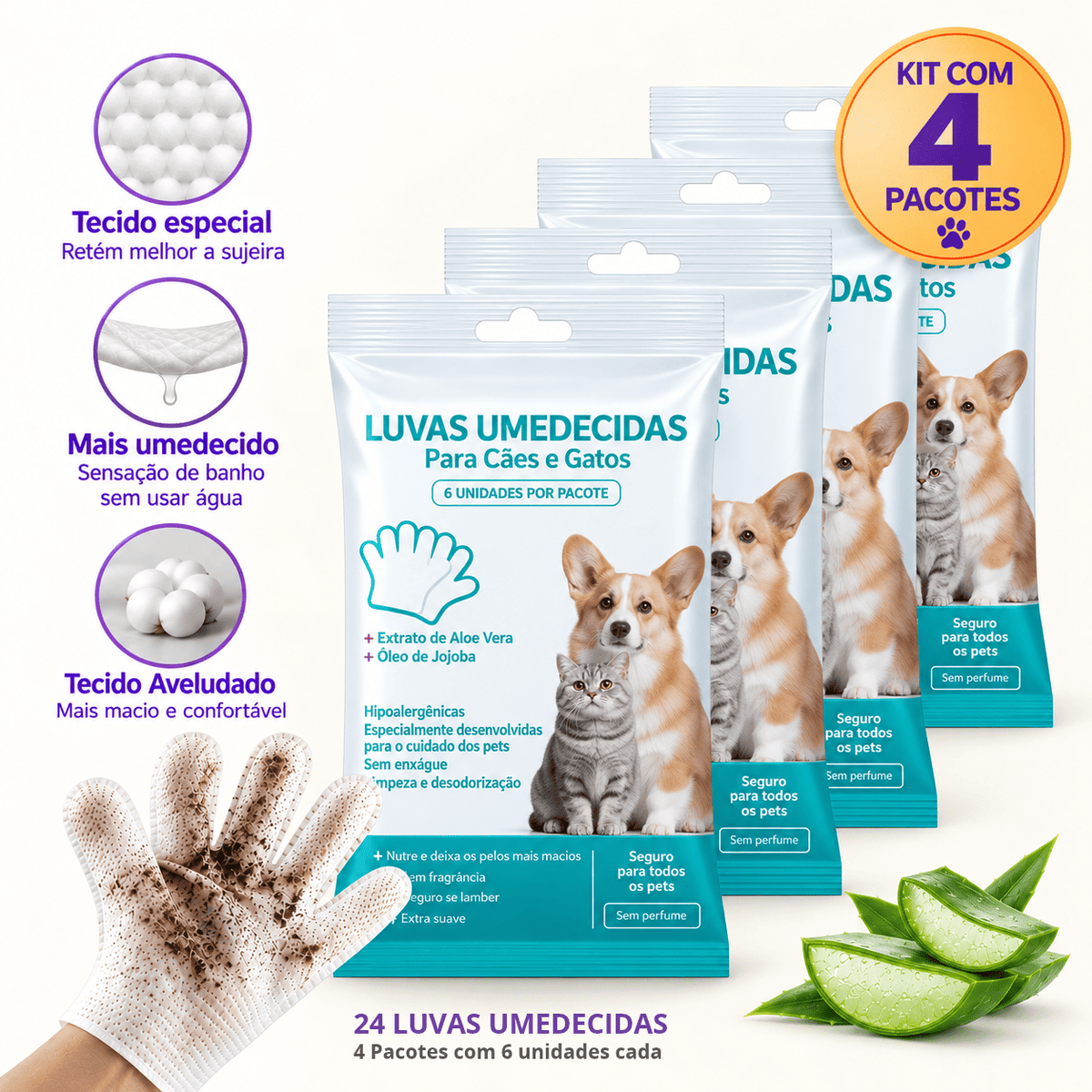 Luva Umedecida Pet Banho sem Água - Limpa, Hidrata e Protege