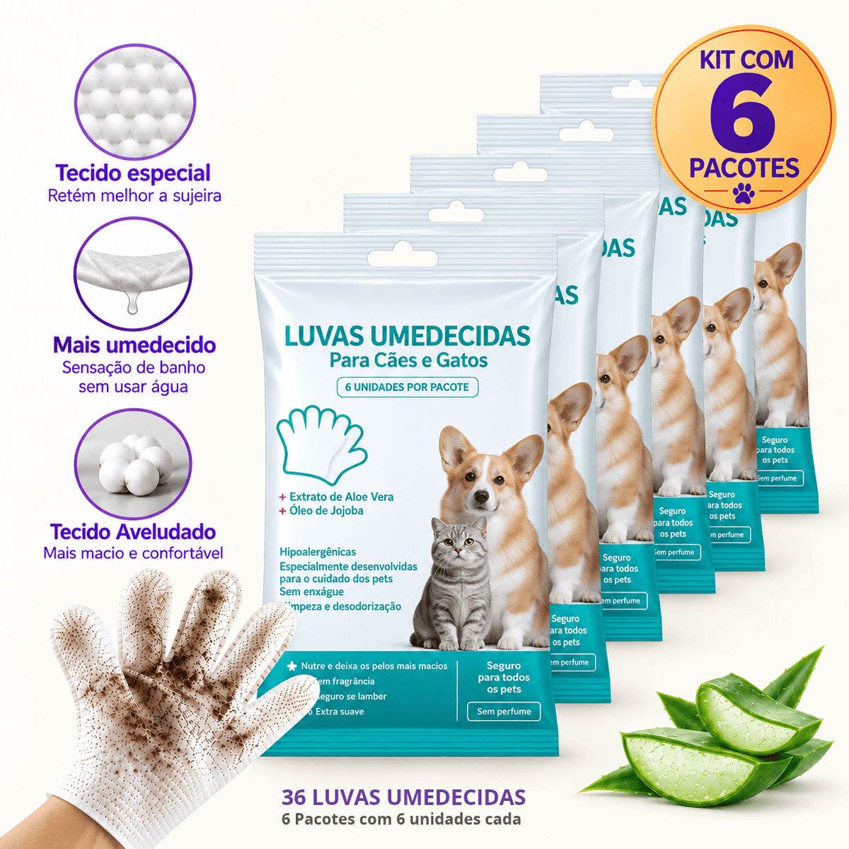Luva Umedecida Pet Banho sem Água - Limpa, Hidrata e Protege
