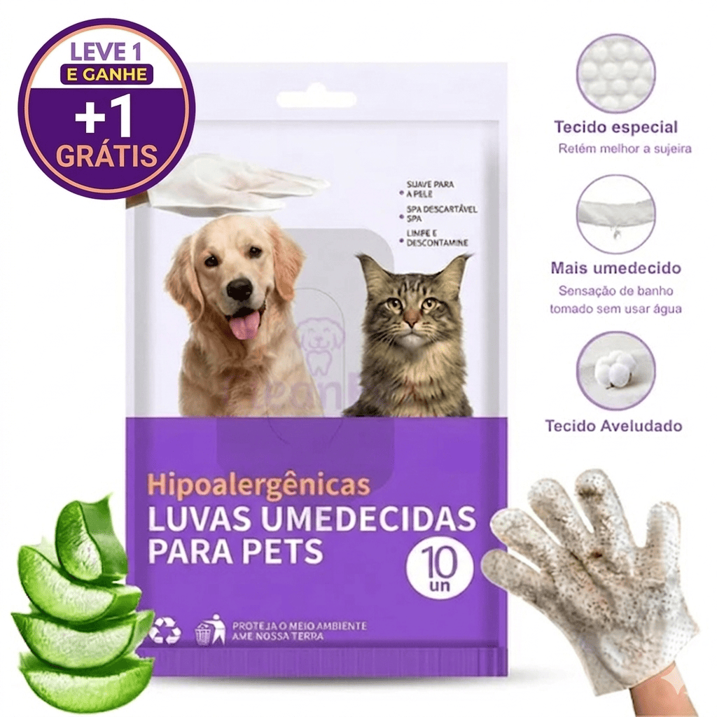Luva Umedecida Pet Banho sem Água - Limpa, Hidrata e Protege - [Dobro de Pacotes Grátis]