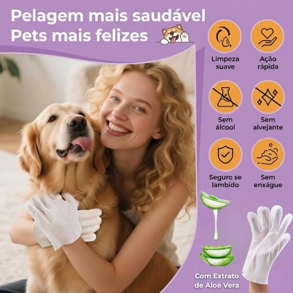 Luva Umedecida Pet Banho sem Água - Limpa, Hidrata e Protege - [Dobro de Pacotes Grátis]