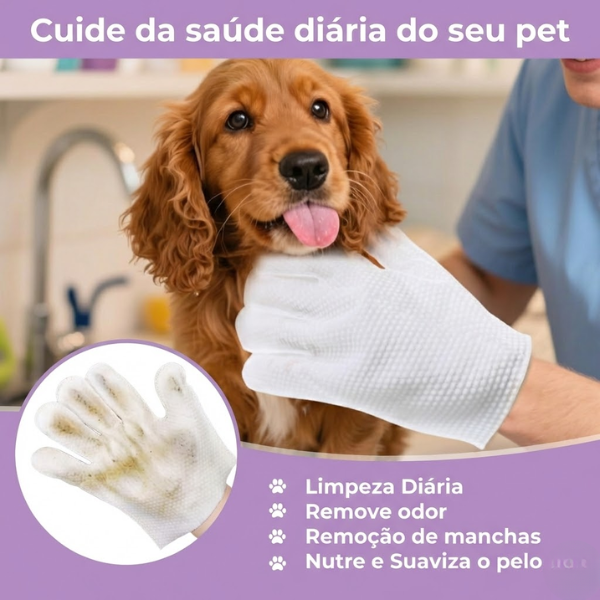 Luva Umedecida Pet Banho sem Água - Limpa, Hidrata e Protege - [Dobro de Pacotes Grátis]