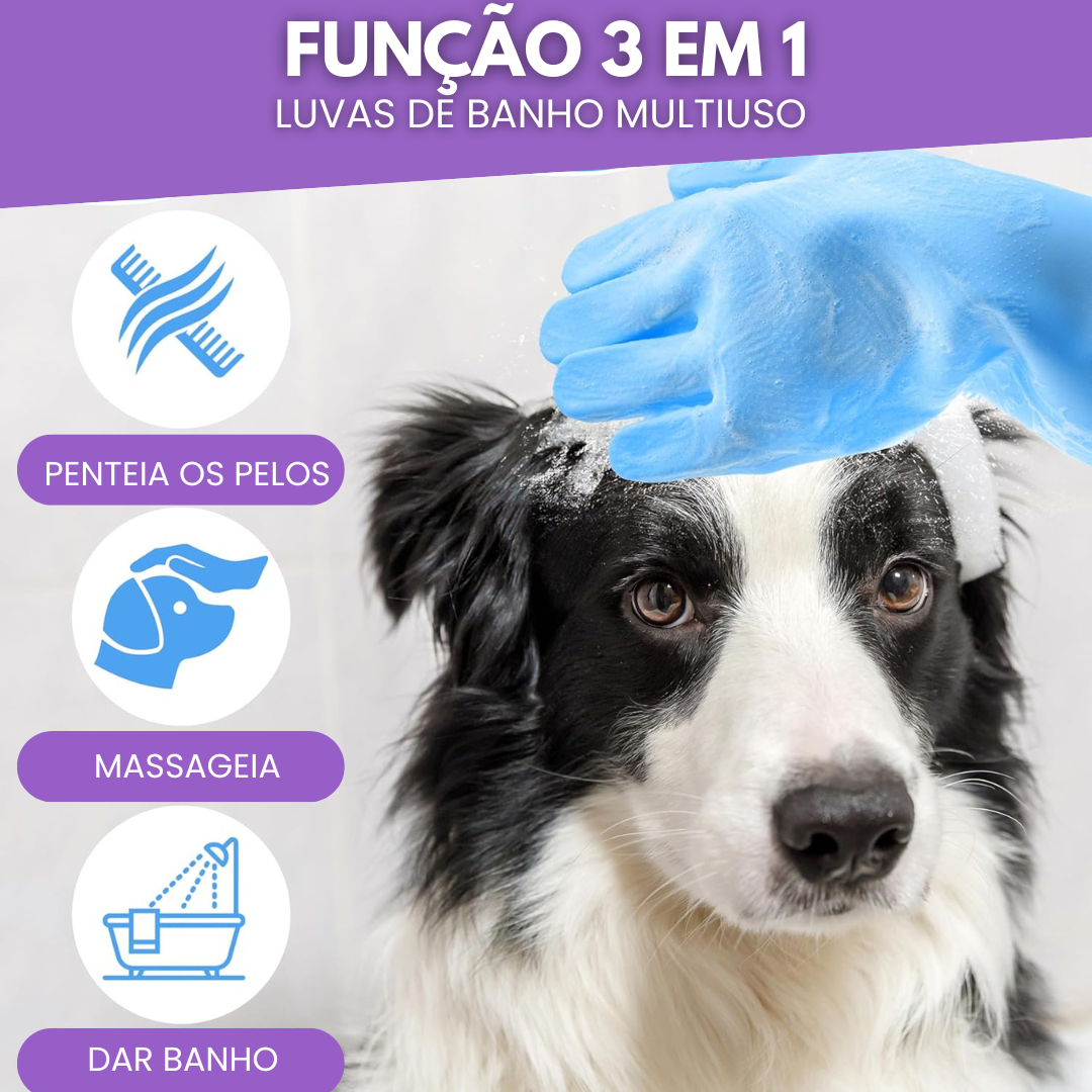 Luva de silicone com cerdas macias para banho em pets