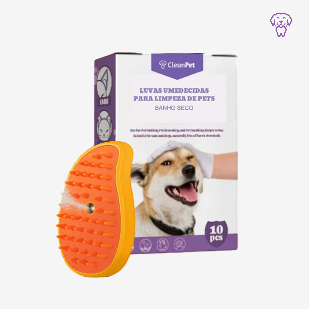 Combo Clean Pet Banho seco - 10 luvas + Escova 3 em e 1