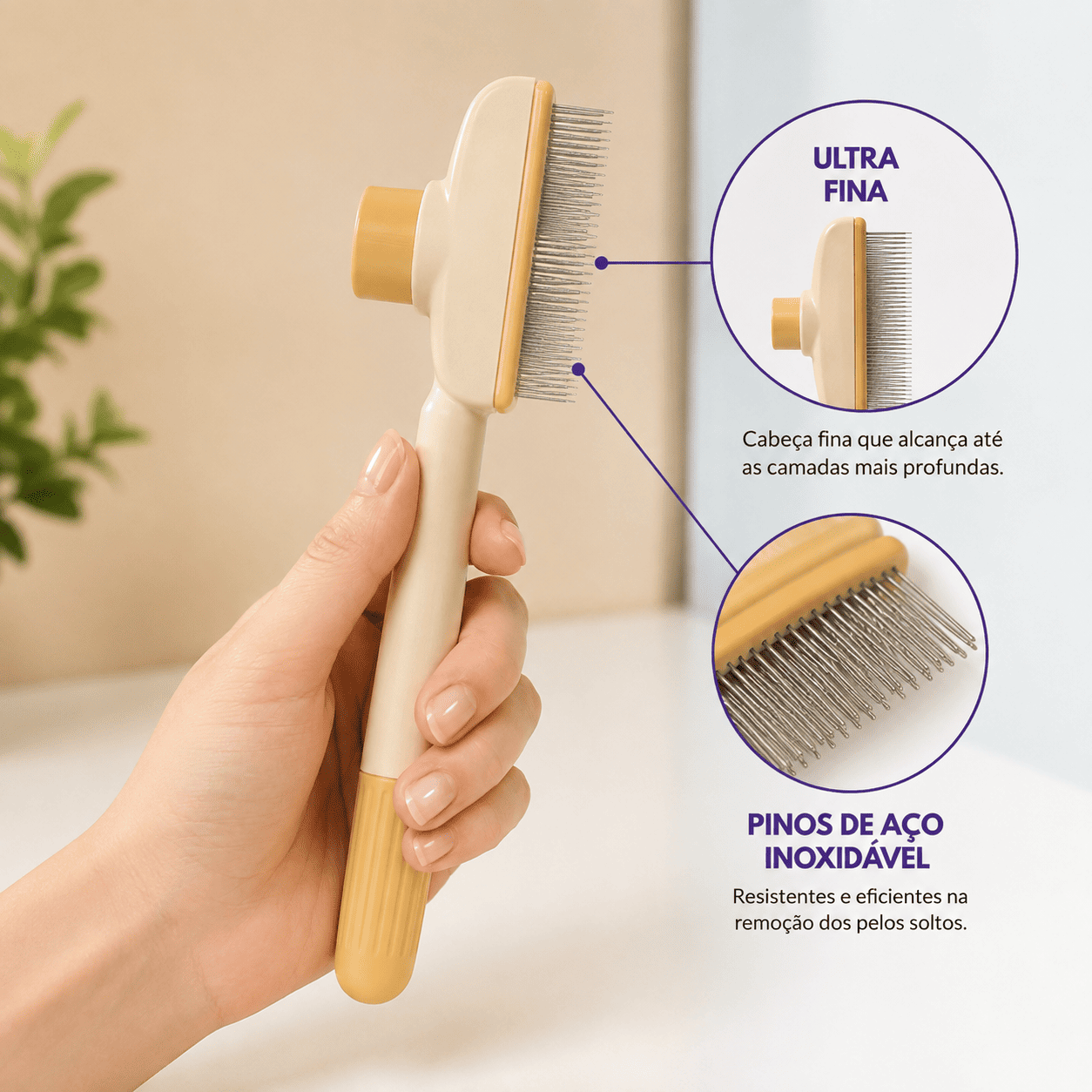 Escova Removedora de Pelos para Cães e Gatos com Autolimpeza — Ideal para Pelos Curtos e Grossos