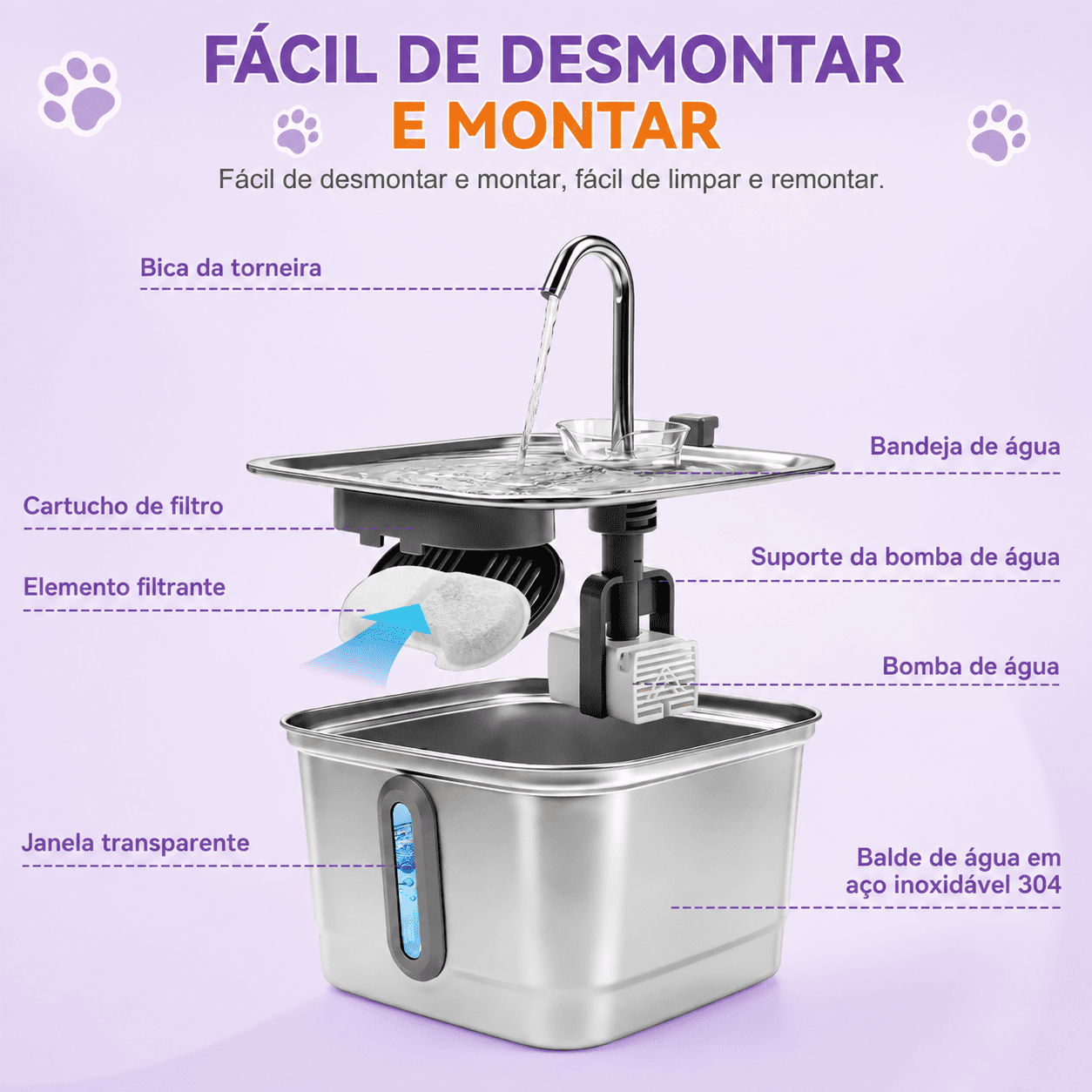 Fonte de Água Bebedouro em Aço Inox para Cães e Gatos — Filtro e Bomba Silenciosa
