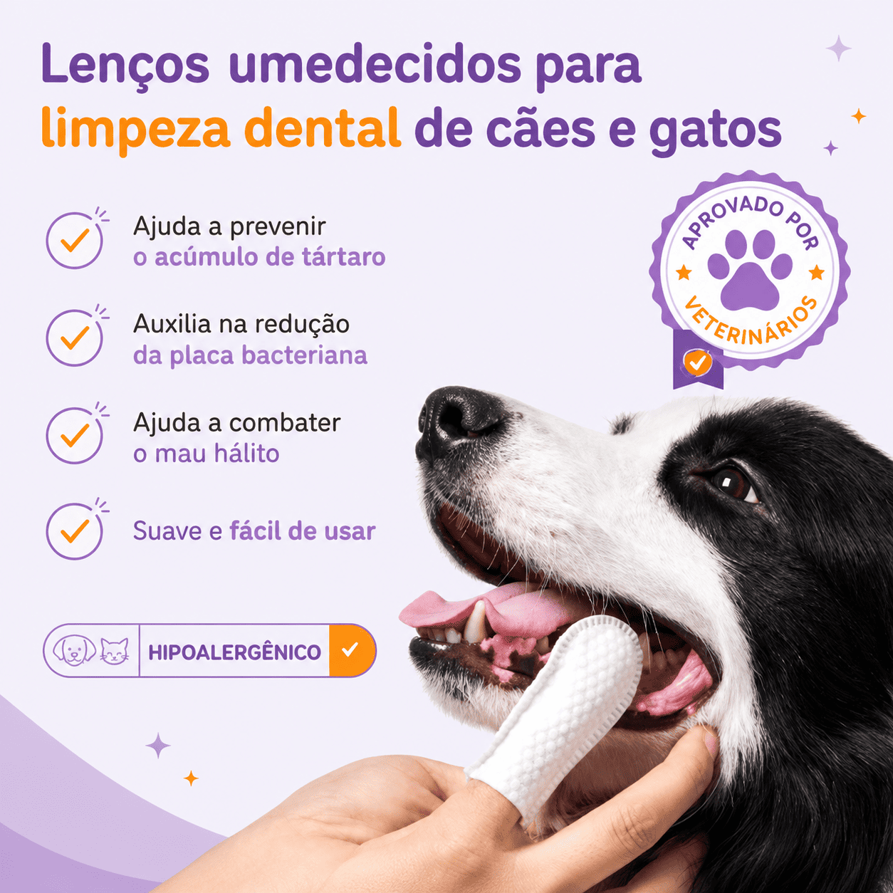 Lenços de limpeza odontológico para pets - Desenvolvido para pets que odeiam escova
