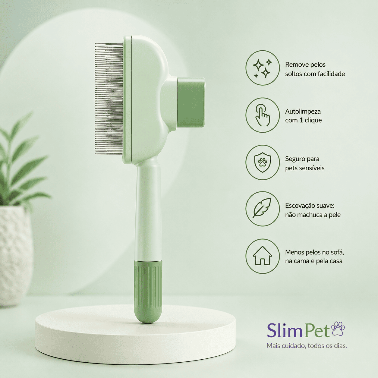 Escova Removedora de Pelos para Cães e Gatos com Autolimpeza — Ideal para Pelos Curtos e Grossos