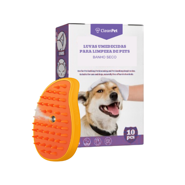 Combo Clean Pet Banho seco - 10 luvas + Escova 3 em e 1