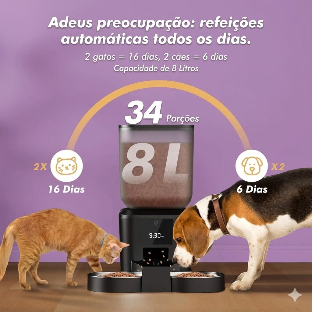 Comedouro Automático Duplo 8L para Cães e Gatos – Alimentação Programada, Porções Iguais e Tecnologia Anti-Entupimento